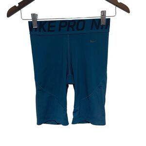 NIKE Pro Shorts Womens S Dark Teal Pull On Sheer Hem Inseam 8 Biker Compression